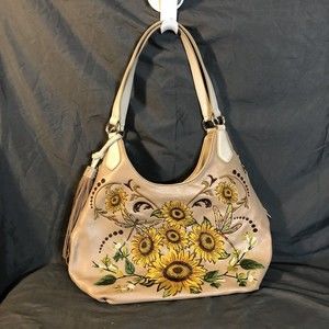 SHARIF Embroidered Bright Floral Sunflowers Tan Leather Shoulder Bag